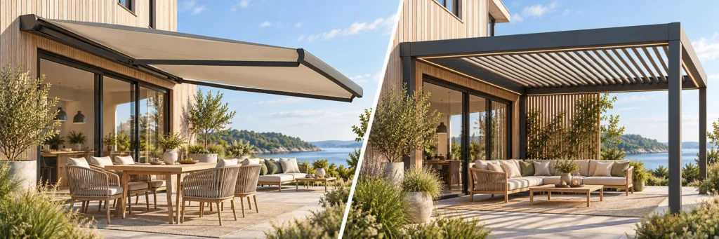 Markise og pergola vist som to løsninger til skygge på terrassen